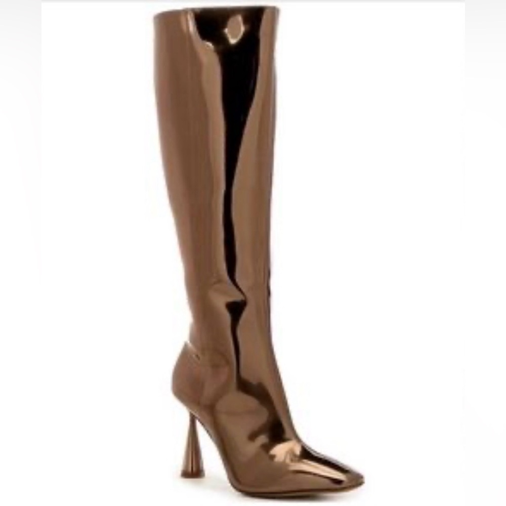 NEW Gianni Bini Metallic Bronze Mirror Knee-High Cone Heel Boots 7.5 futuristic
